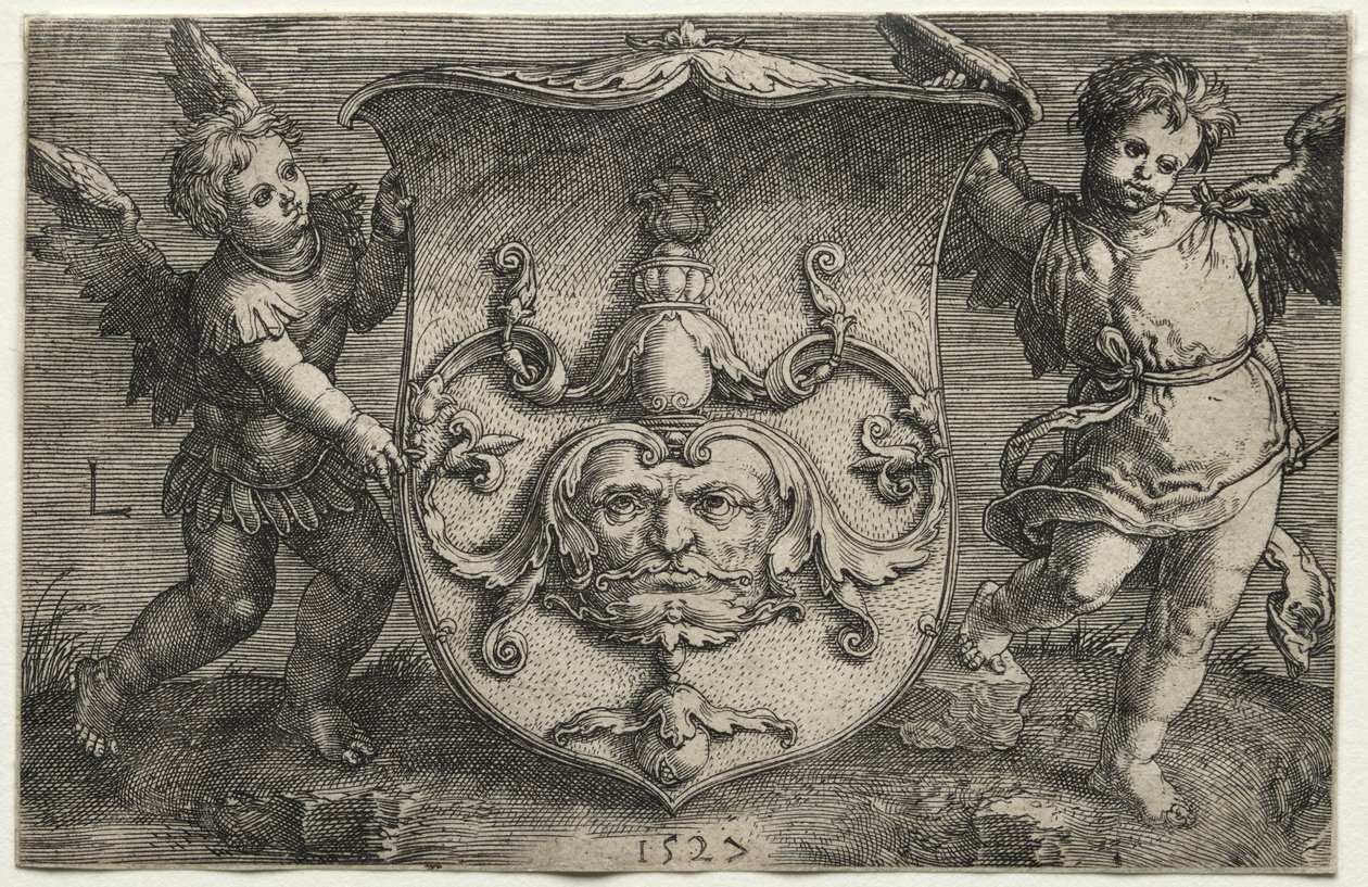 Et skjold som bærer en maske støttet av to Genii av Lucas van Leyden
