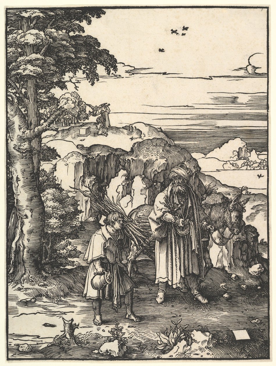 Abraham går for å ofre Isak, 1517-19. av Lucas van Leyden