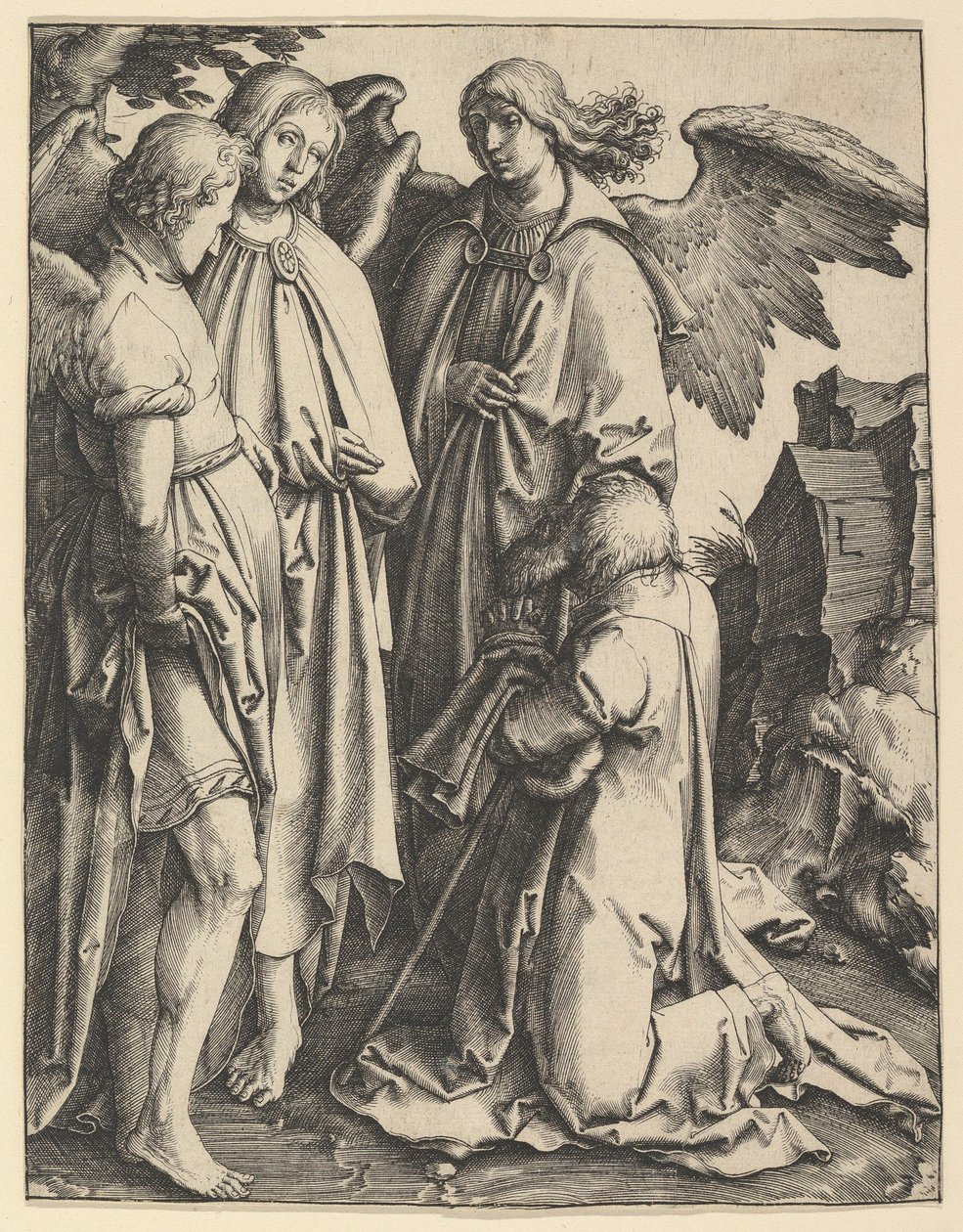 Abraham og tre engler, ca. 1513. av Lucas van Leyden