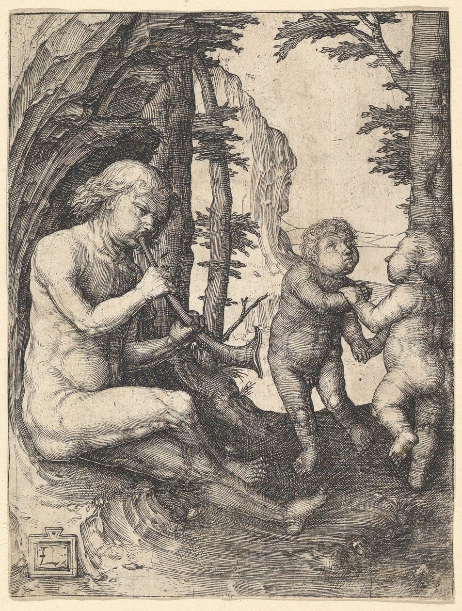 Gutt med trompet, ca. 1507. av Lucas van Leyden