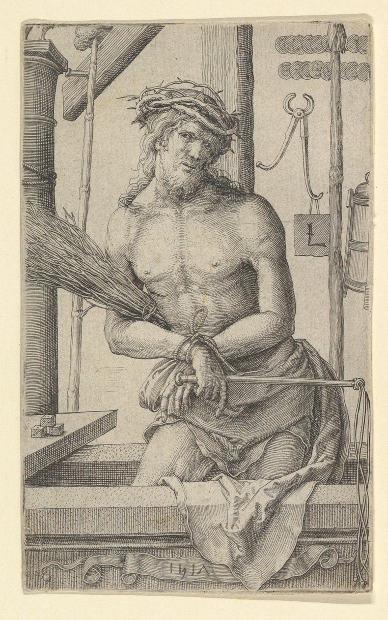 Kristus som sorgens mann med lidenskapens instrumenter., 1517. av Lucas van Leyden