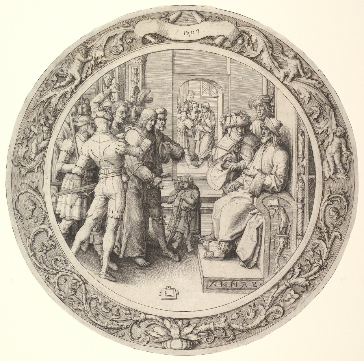 Kristus før Annas, fra Circular Passion, 1509. av Lucas van Leyden