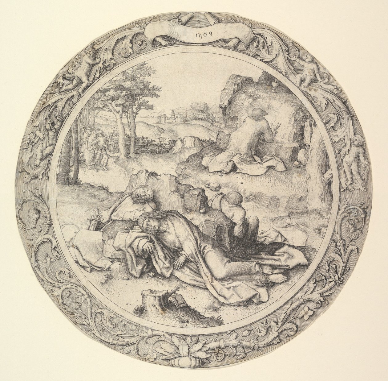 Kristus på Oljeberget, fra Circular Passion, 1509. av Lucas van Leyden