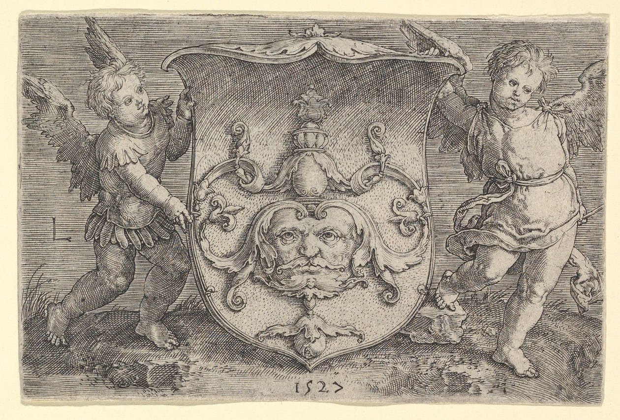 Våpenskjold med maske, holdt av Two Genii, 1527. av Lucas van Leyden