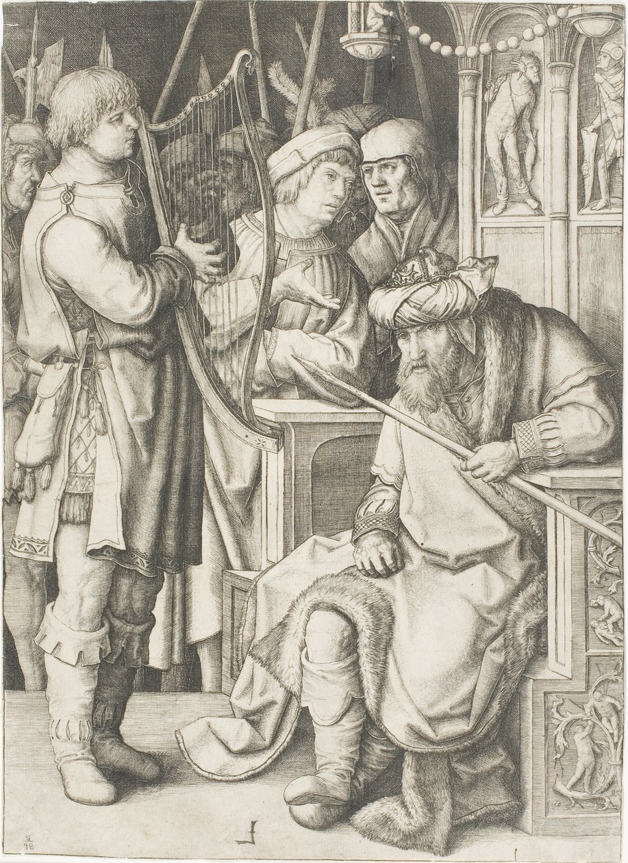 David spiller på harpen før Saul av Lucas van Leyden