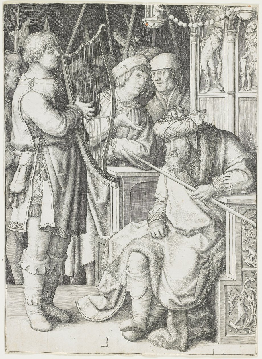 David spiller harpen før Saul, ca. 1508 av Lucas van Leyden