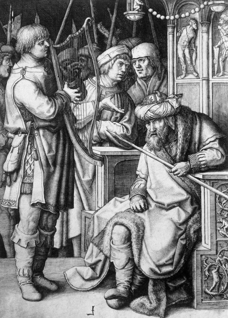 David spiller harpe foran kong Saul, rundt 1508, av Lucas van Leyden (ca 1494-1533), gravering av Lucas van Leyden