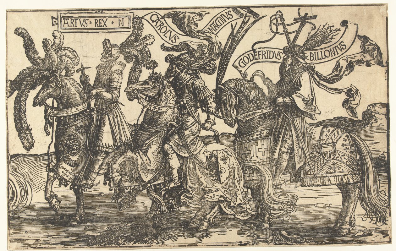 Heltene Kong Arthur, Charlemagne og Godfrey av Bouillon The Nine Heroes (serietittel) av Lucas van Leyden