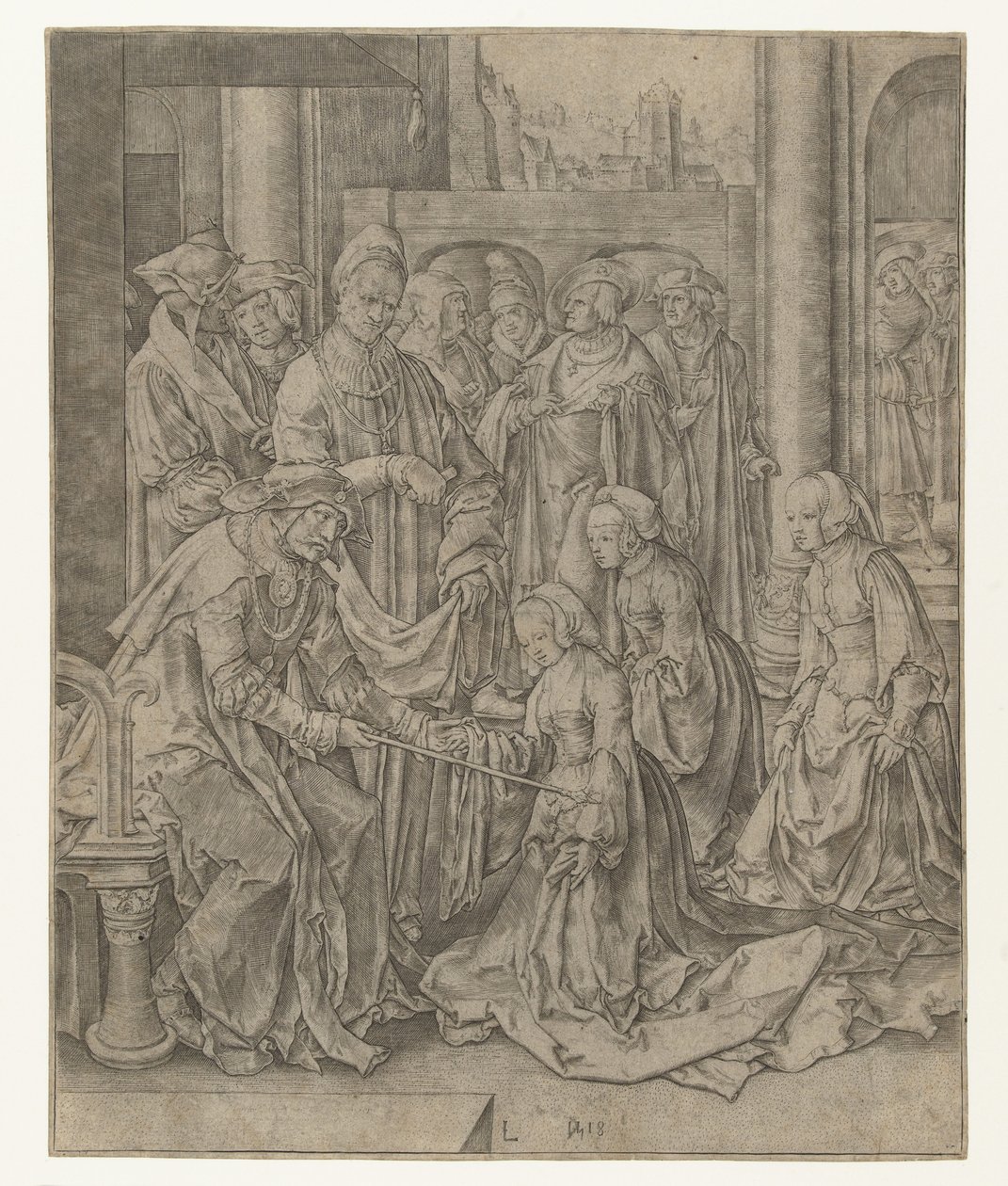 Ester kneler foran Ahasverus av Lucas van Leyden