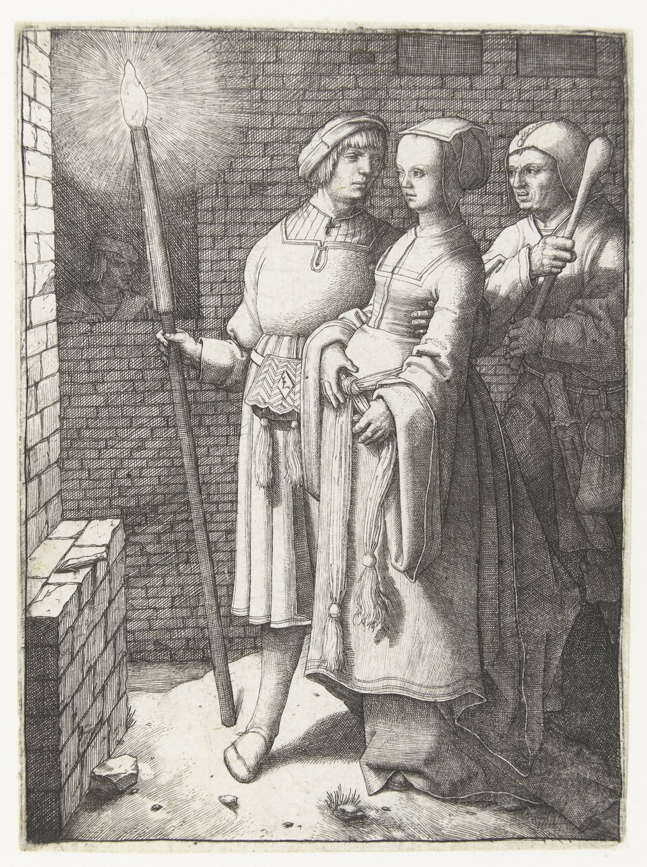 Ung mann med en lommelykt, en kvinne og en nar av Lucas van Leyden
