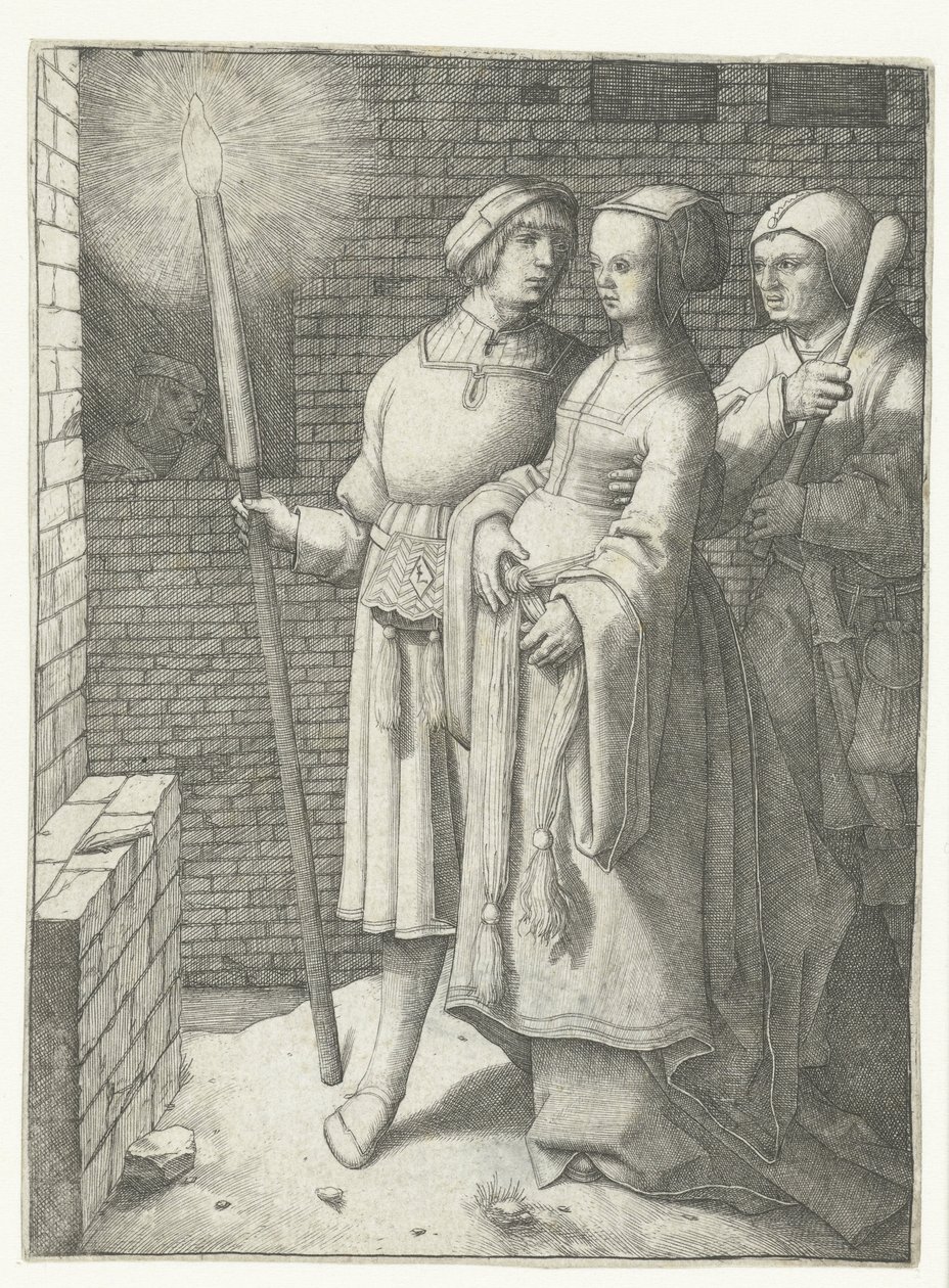 Ung mann med en lommelykt, en kvinne og en nar av Lucas van Leyden