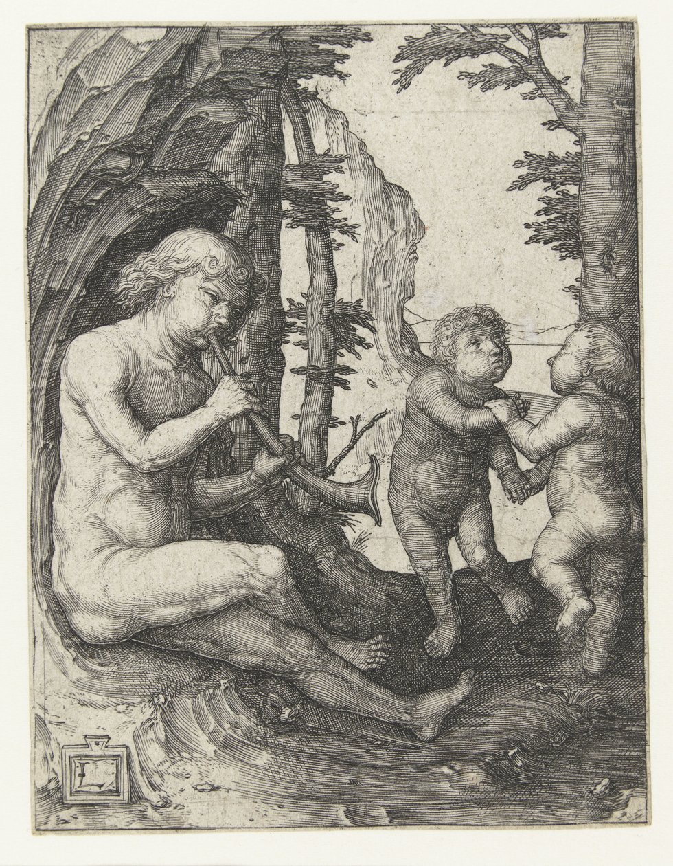 Gutt med blåseinstrument av Lucas van Leyden