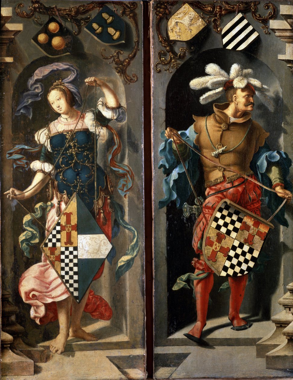 The Healing of the Blind Man of Jericho (sidepanel). Helbredelsen av den blinde mannen fra Jeriko. To skikkelser som holder våpenskjold. Maleri av Lucas Van Leyden (1489/94-1533) av Lucas van Leyden