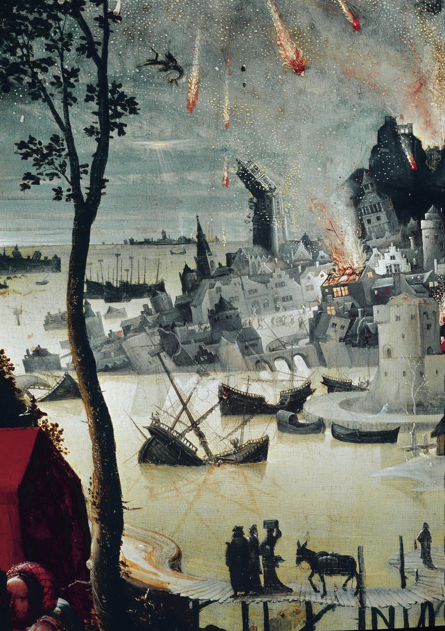 Lot og hans døtre, detalj om ødeleggelsen av Sodoma (olje på panel, ca. 1517) av Lucas van Leyden