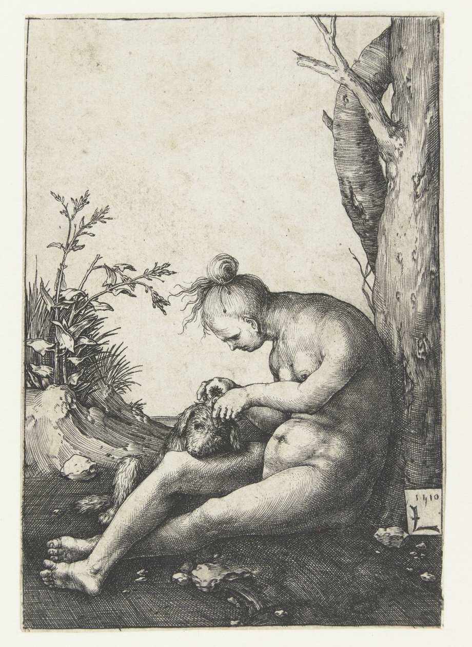 Naken kvinne med hund av Lucas van Leyden