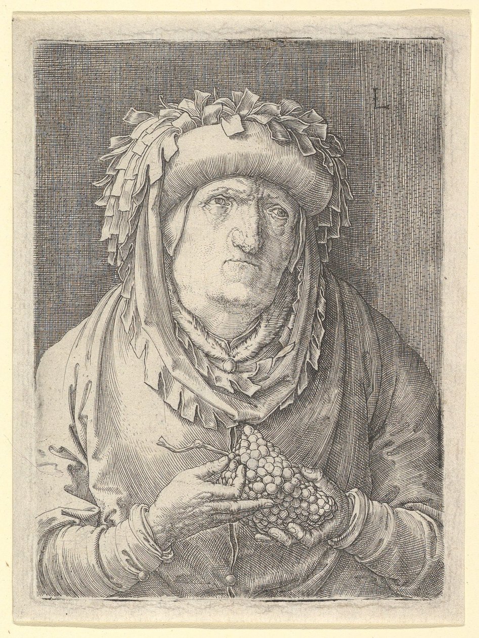 Gammel kvinne med druer, ca. 1523. av Lucas van Leyden