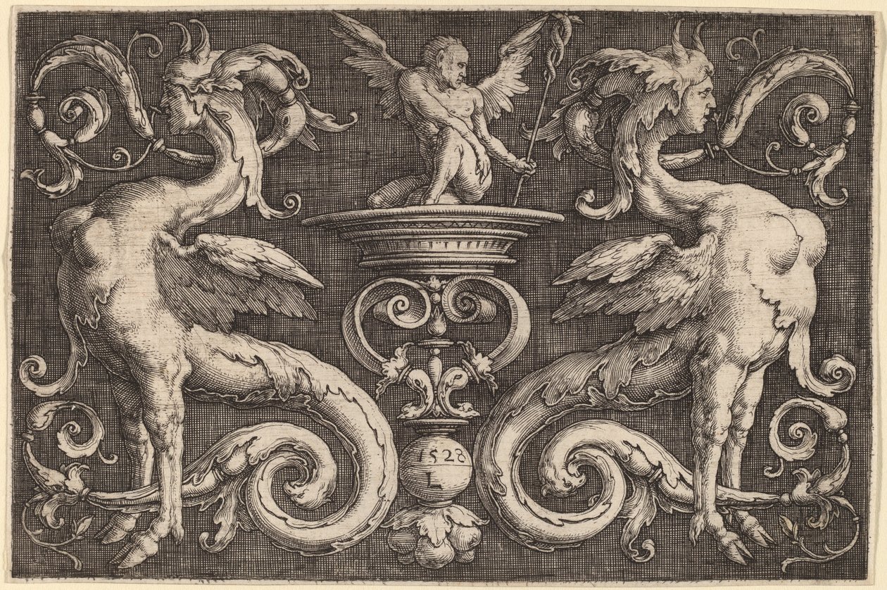 Ornament med to sfinkser og en bevinget mann av Lucas van Leyden