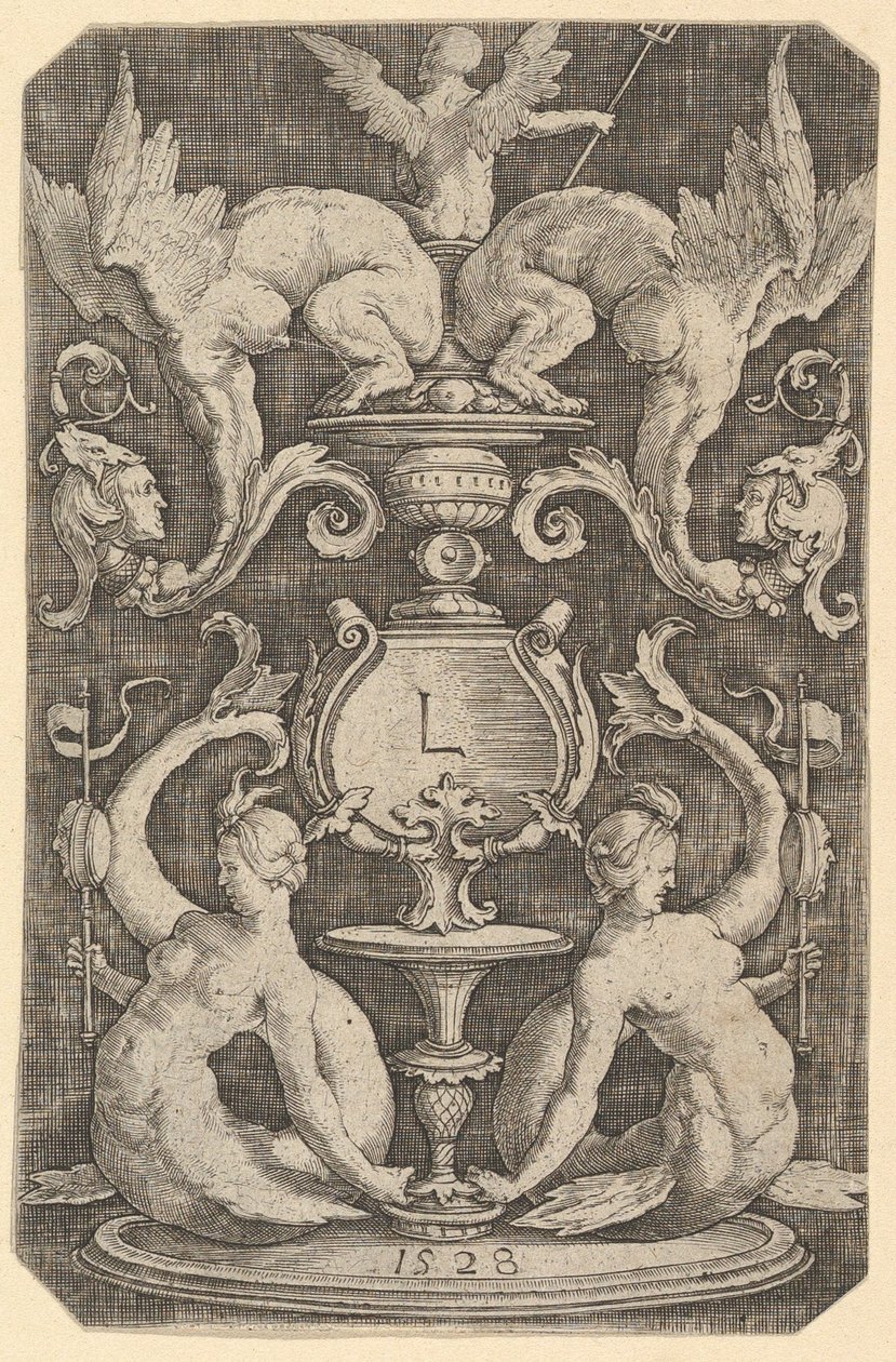 Panel av ornament med to sirener, 1528. av Lucas van Leyden