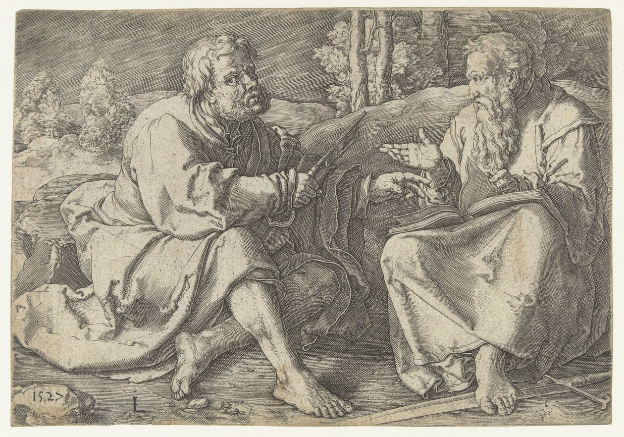 Paul og Peter sitter i et landskap av Lucas van Leyden