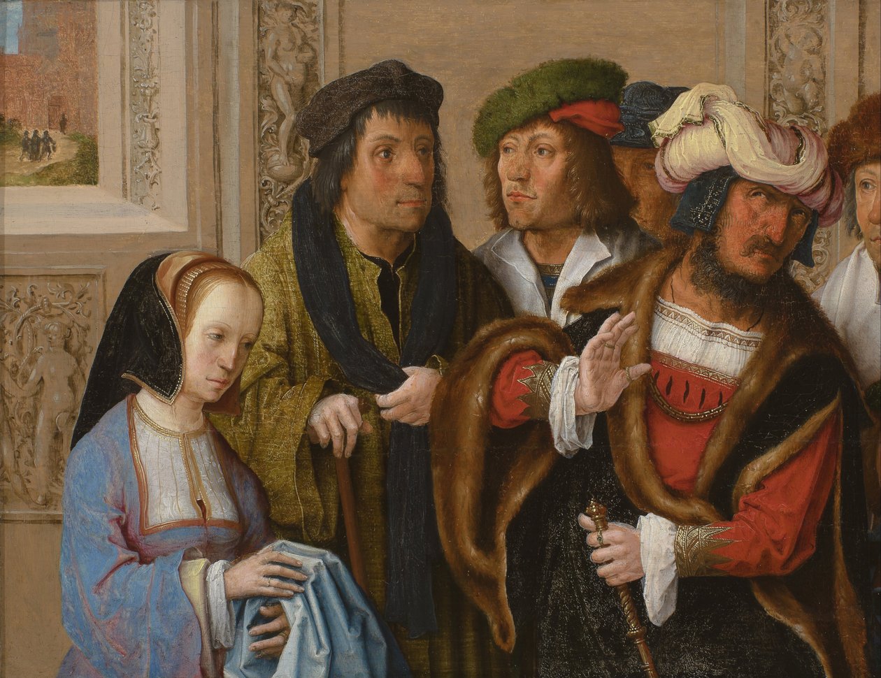 Potifars kone viser mannen sin Josefs kappe. I bakgrunnen: Josef føres til fengsel av Lucas van Leyden