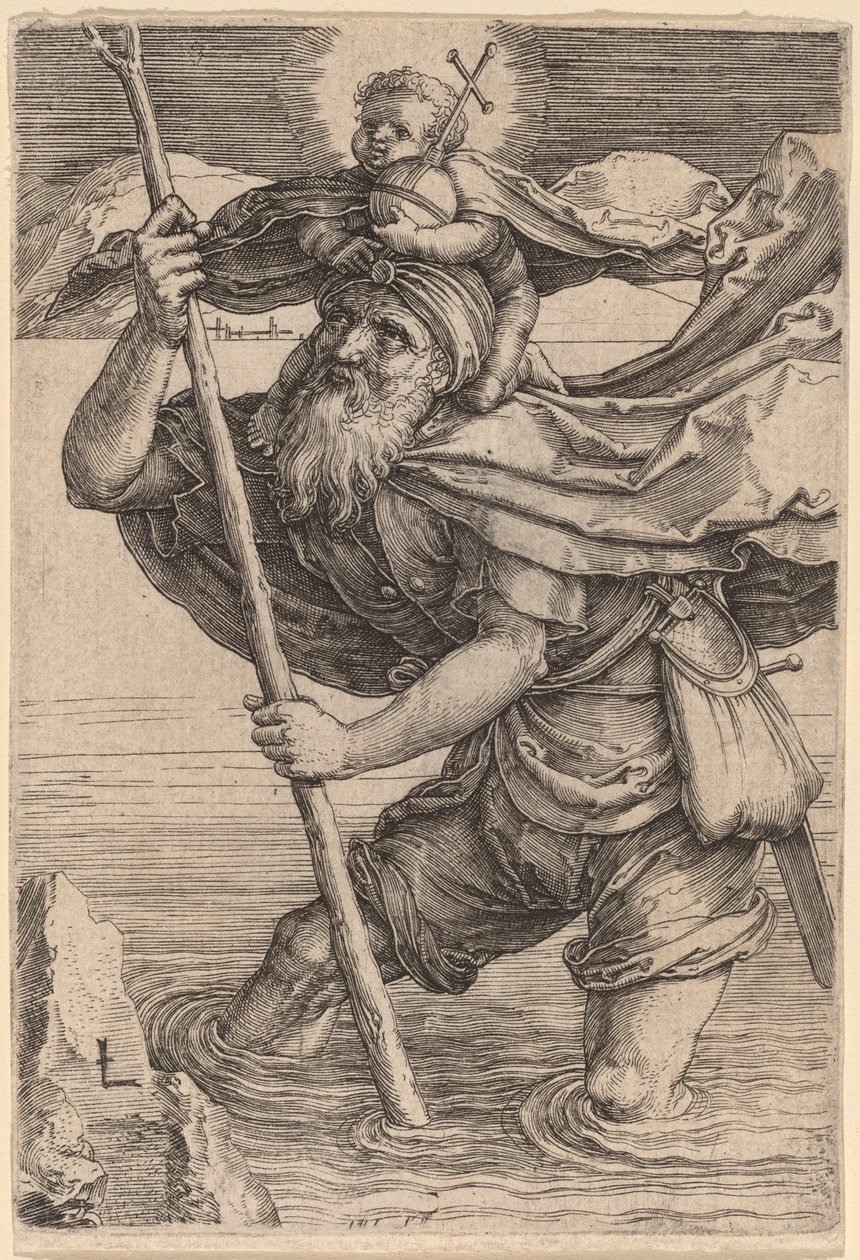 Den hellige Christopher som bærer Kristusbarnet av Lucas van Leyden