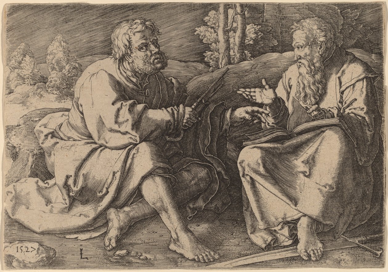 De hellige Peter og Paul sitter i et landskap av Lucas van Leyden