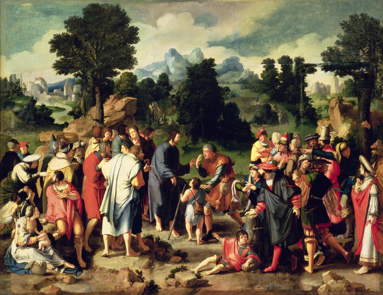 The Healing of the Blind Man of Jericho, sentralpanel av triptyk, 1531 (olje på lerret overført fra panel) av Lucas van Leyden