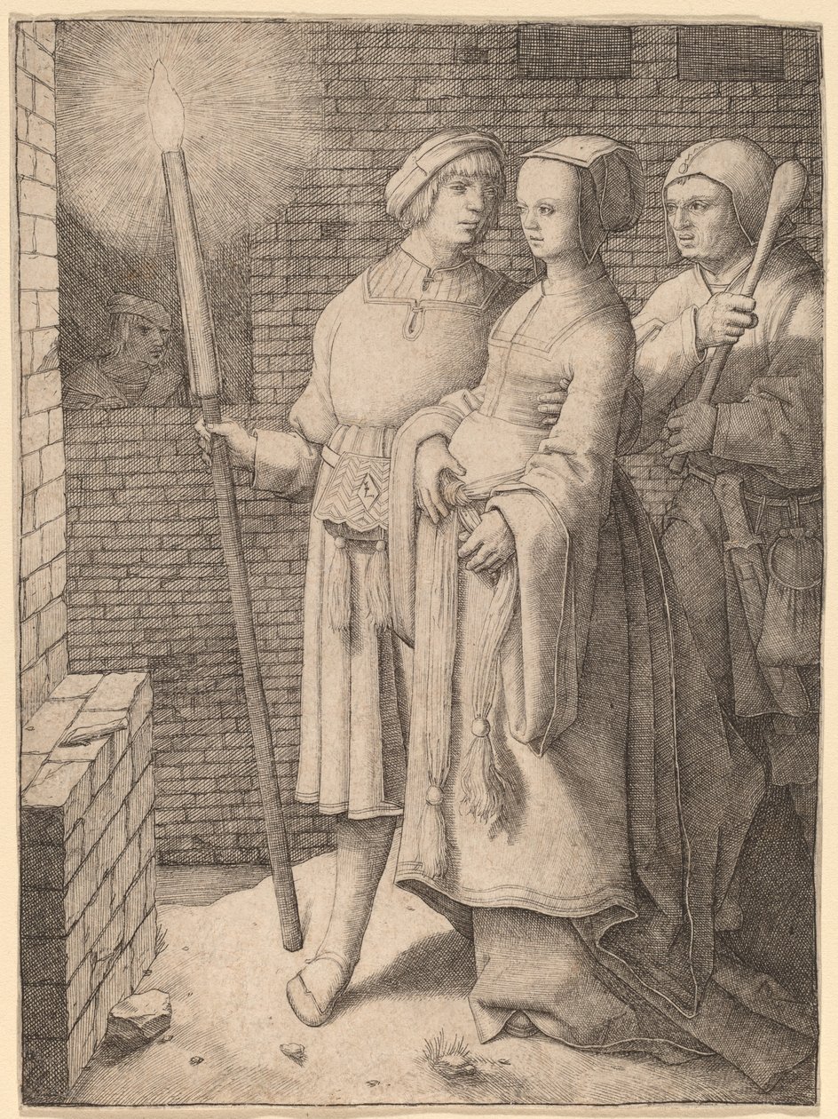 Mannen med fakkelen og en kvinne etterfulgt av en dåre av Lucas van Leyden