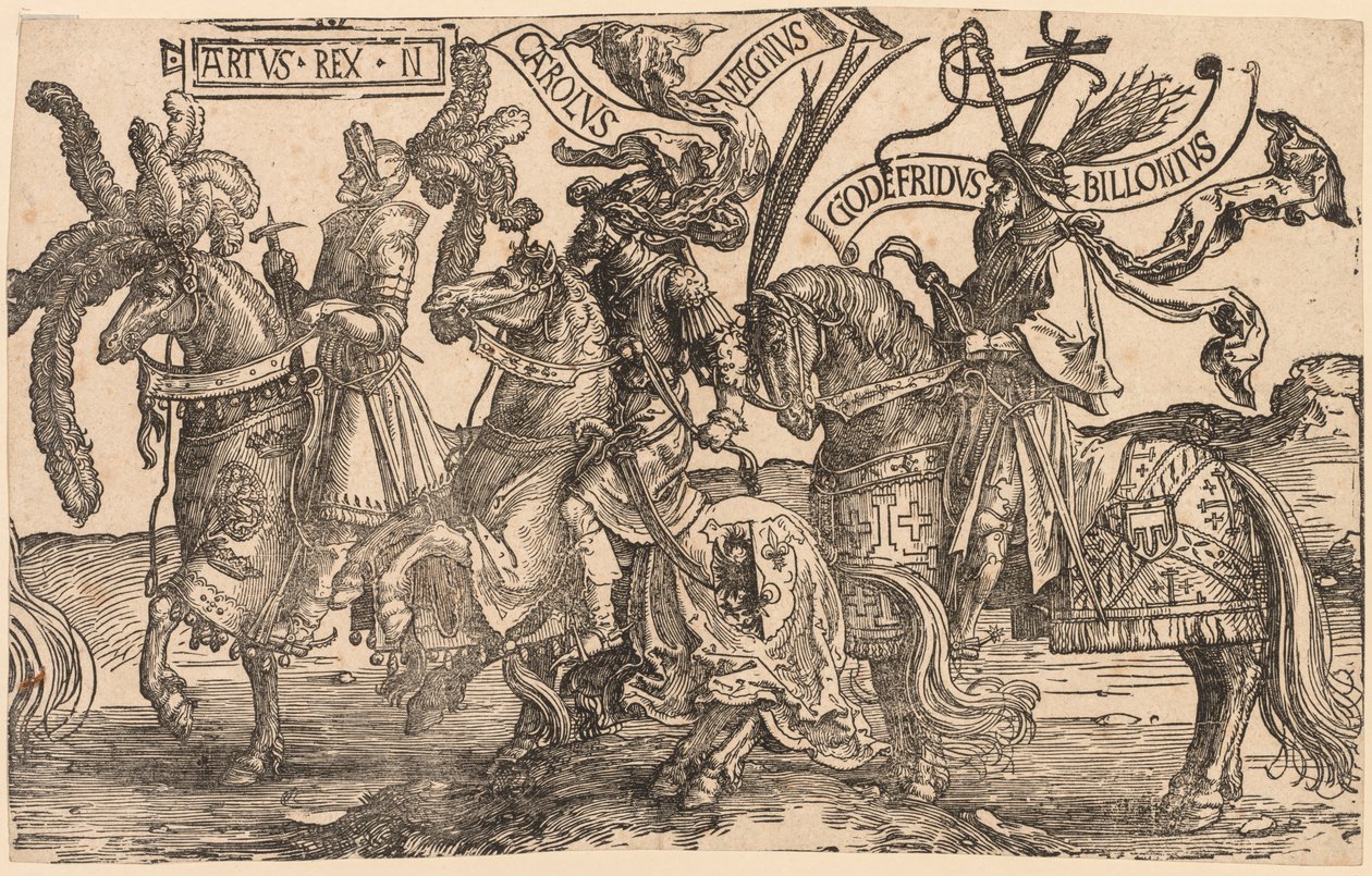 De ni heltene: Arthur, Charles the Great Charlemagne, Godfrey of Bouillon, 1515-1517. av Lucas van Leyden