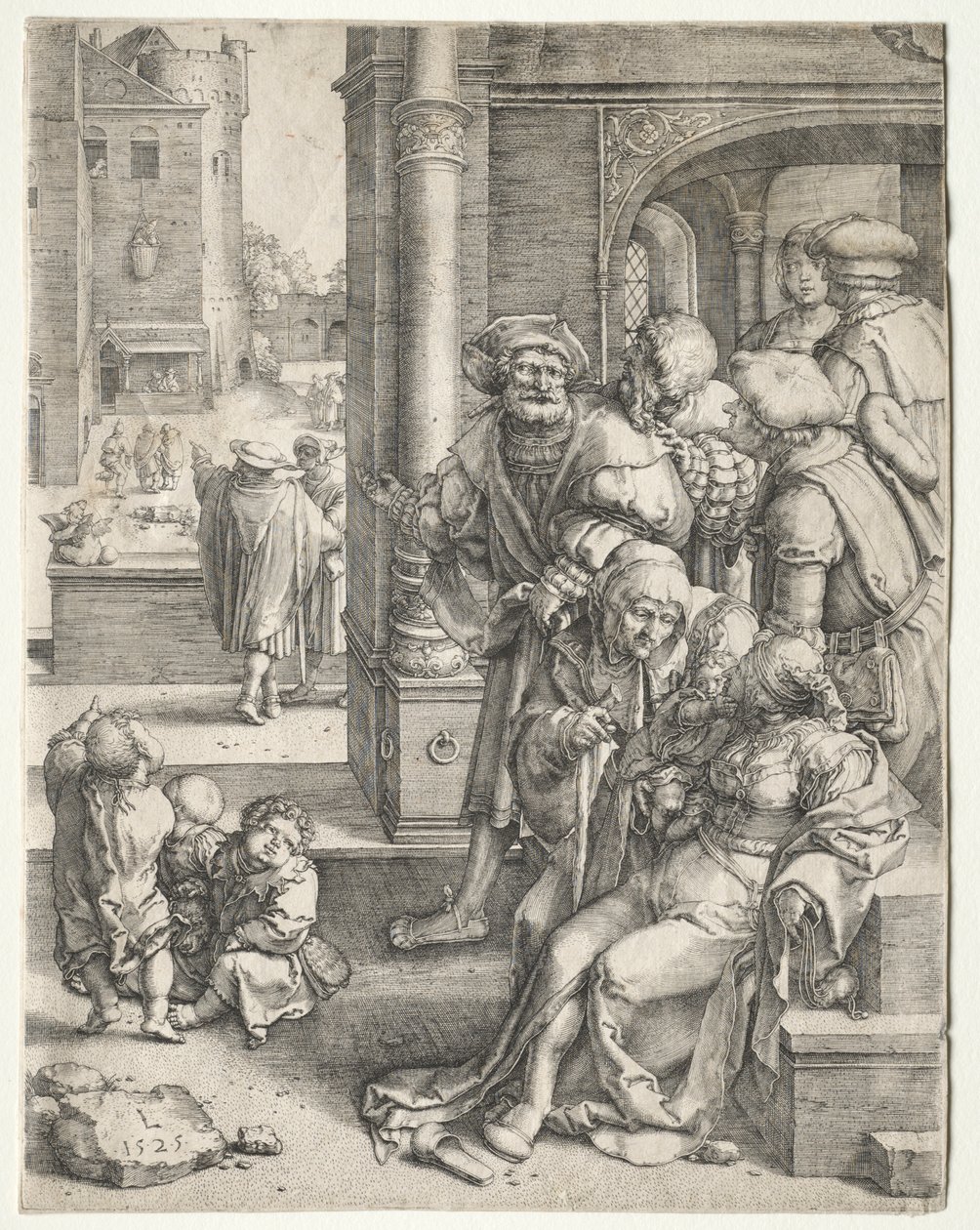 Poeten Virgil suspendert i en kurv, 1525. av Lucas van Leyden