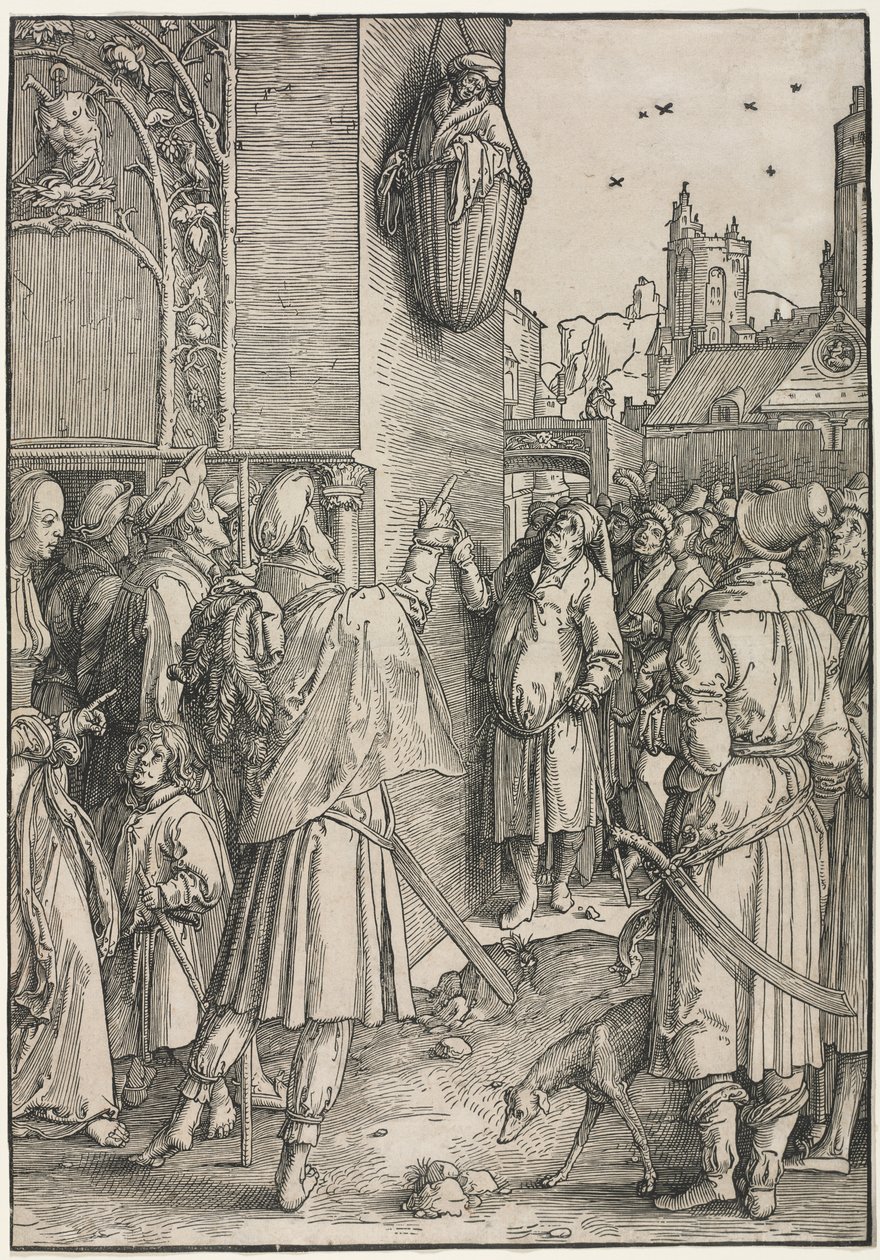 The Power of Women: Poeten Virgil hengt i en kurv av Lucas van Leyden