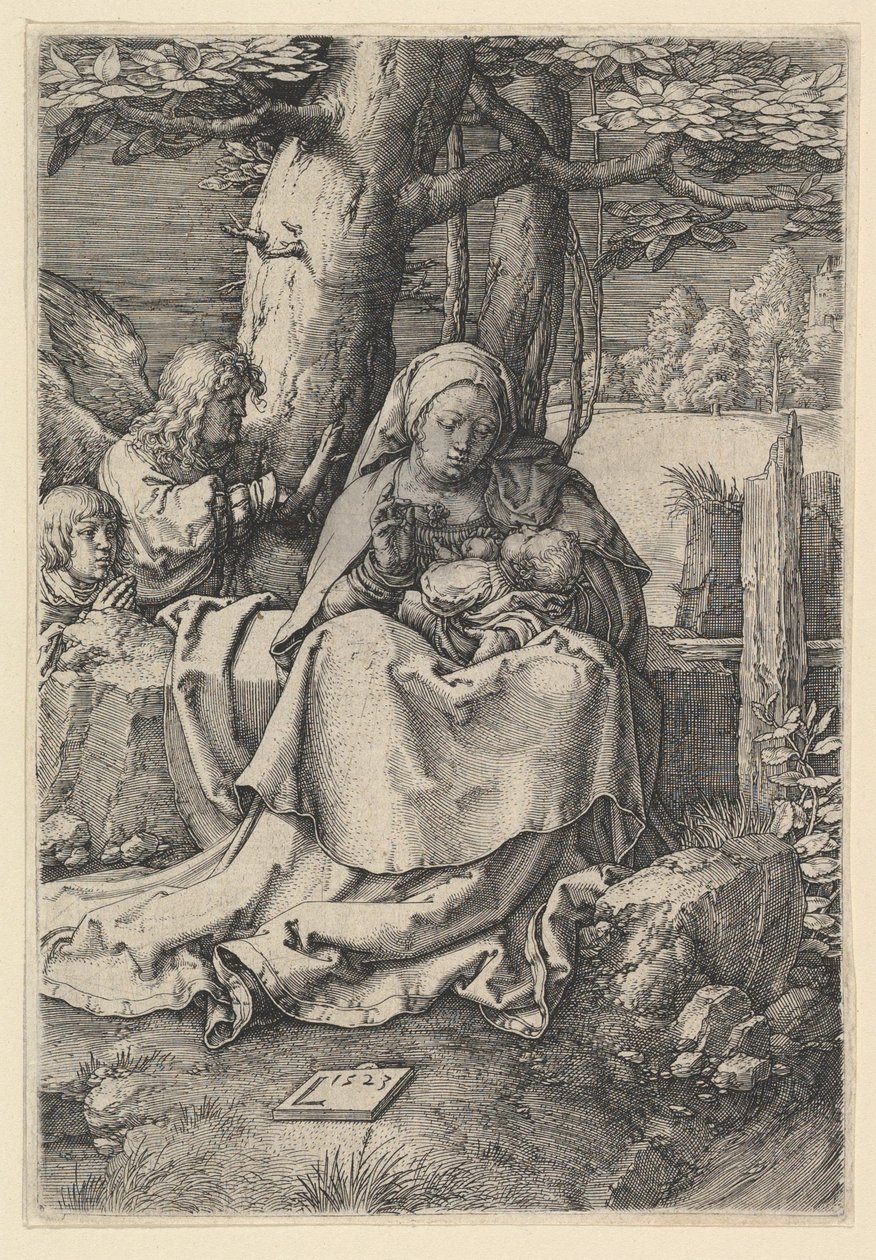 Jomfruen og barnet med to engler, 1523. av Lucas van Leyden