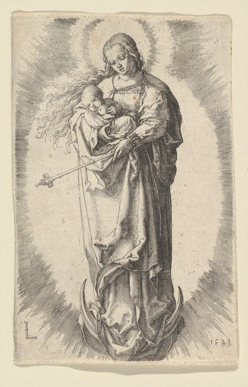 Jomfruen med barn på halvmånen, 1523. av Lucas van Leyden