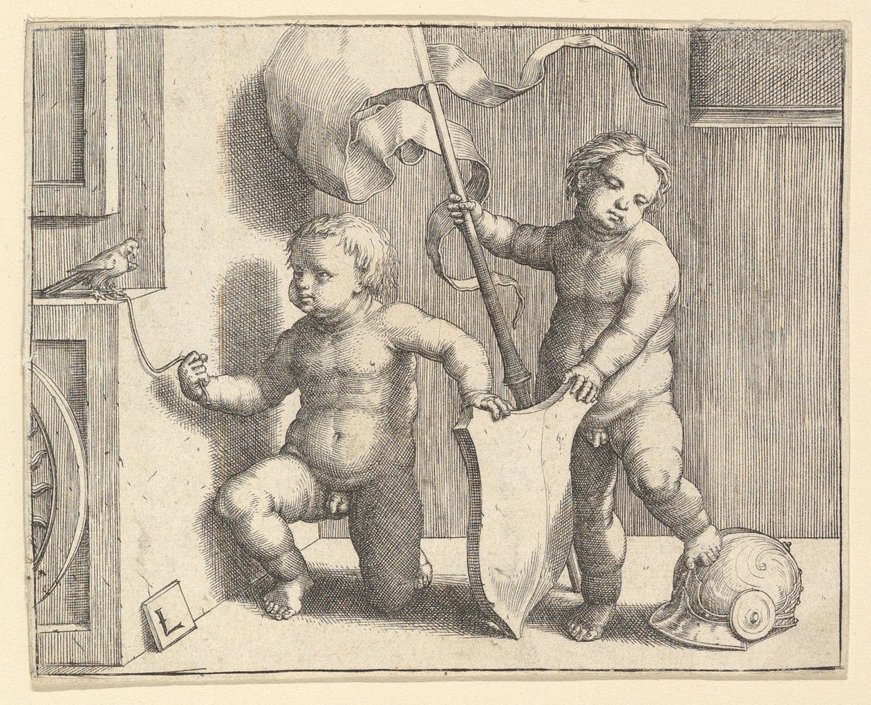 To nakne barn som støtter et tomt skjold, ca. 1510. av Lucas van Leyden