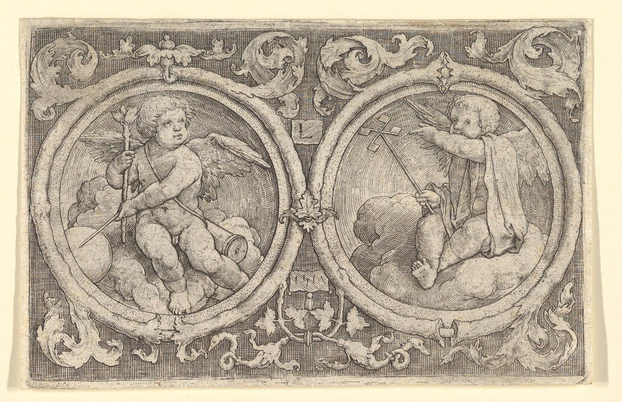 To Putti sitter i skyer i sirkler med ranker, 1517. av Lucas van Leyden