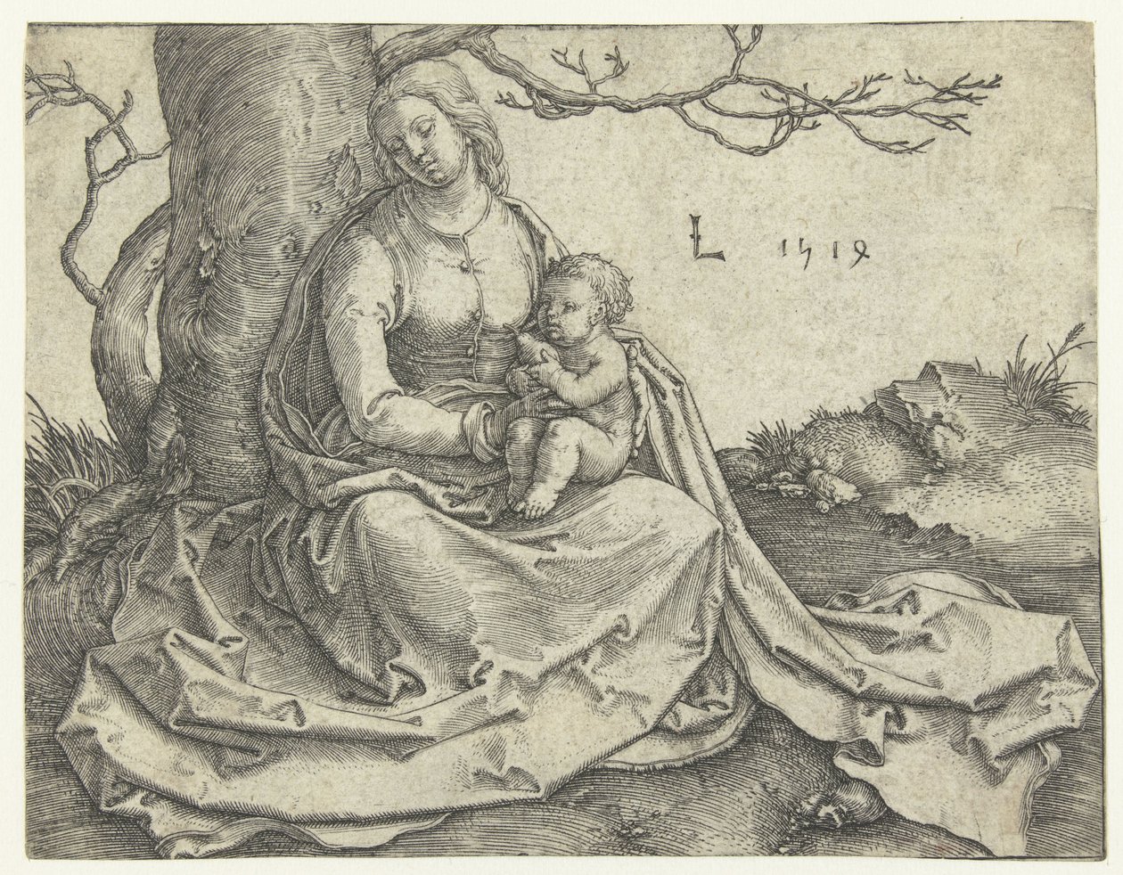 Jomfru og barn sitter under et tre av Lucas van Leyden
