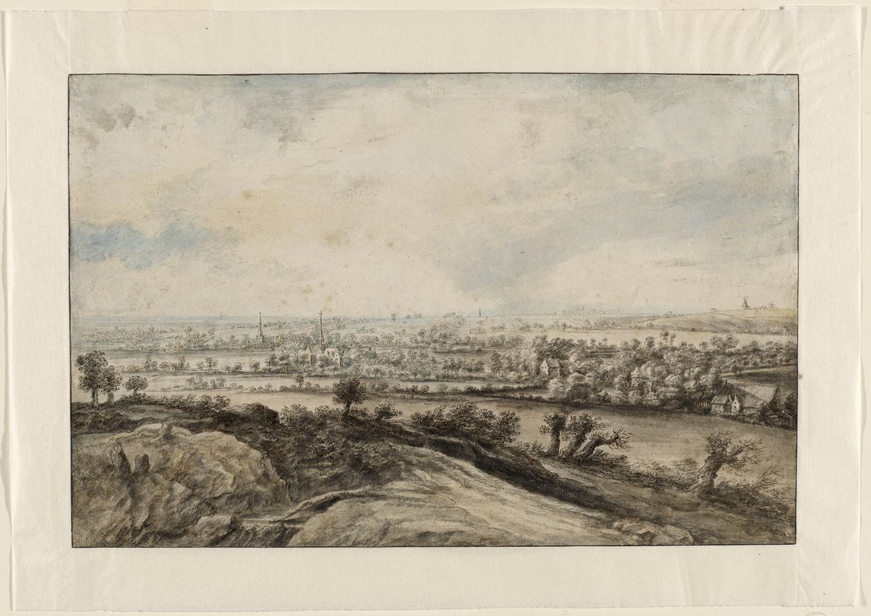 Et panoramisk elvelandskap med Pollard Willows av Lucas van Uden