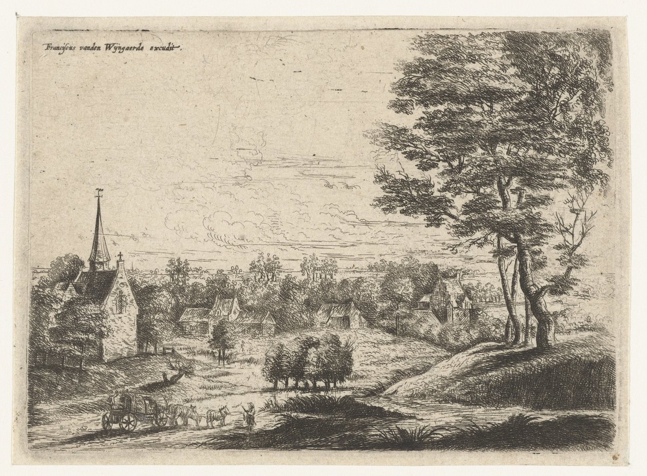 Utsikt over en landsby med overbygd vogn Fem landskap (serietittel) av Lucas van Uden