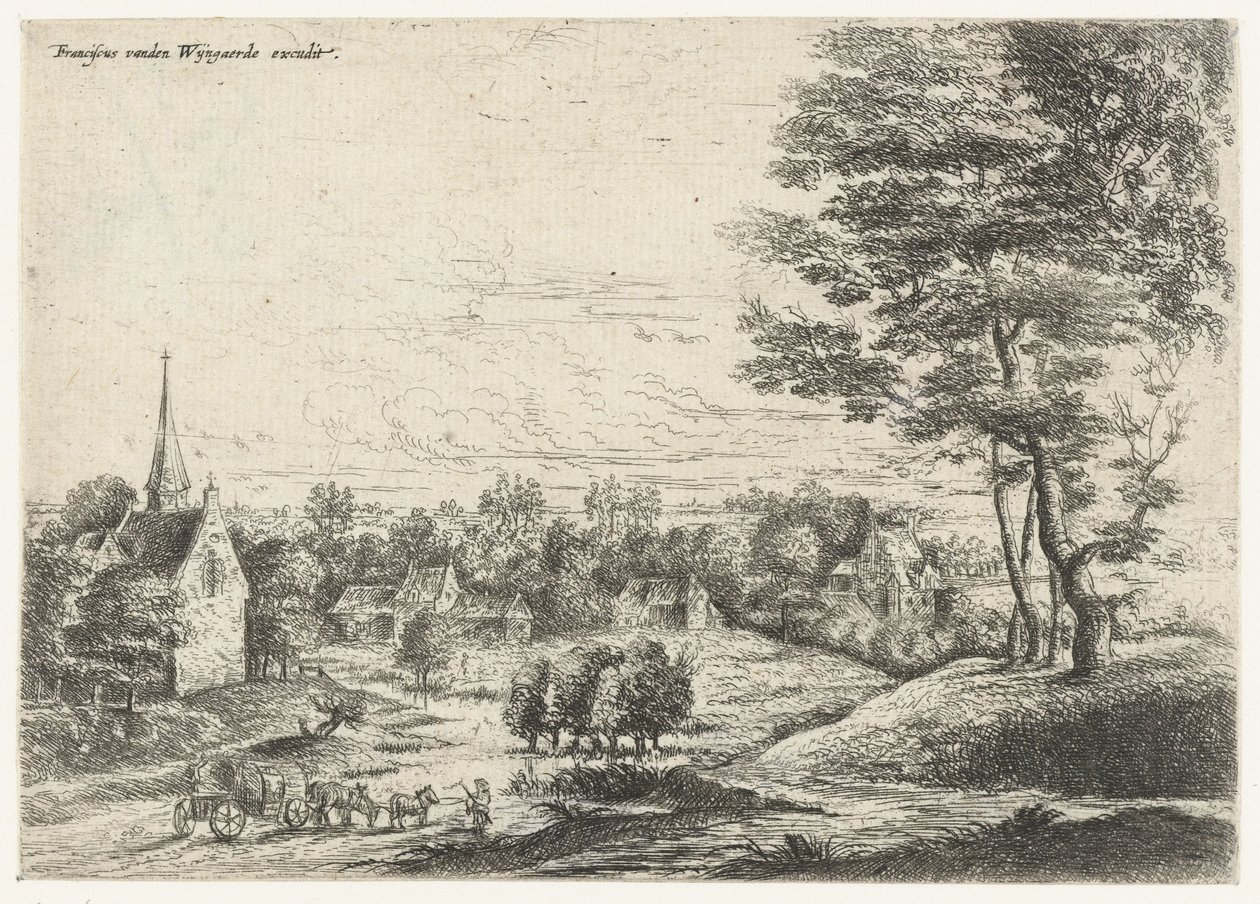 Utsikt over en landsby med en overbygd vogn Fem landskap (serietittel) av Lucas van Uden