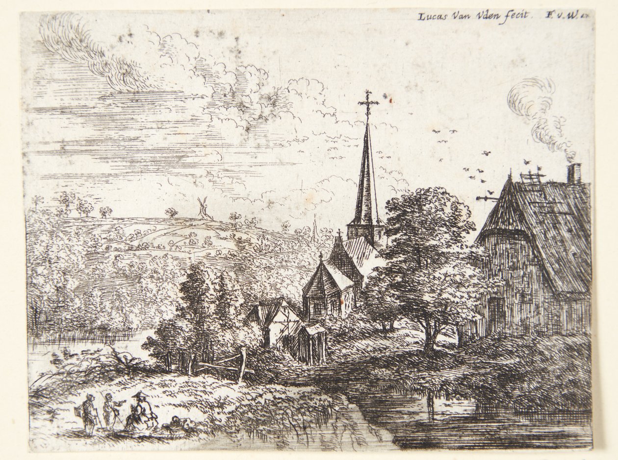 Landsby ved en elv, i forgrunnen tre figurer av Lucas van Uden
