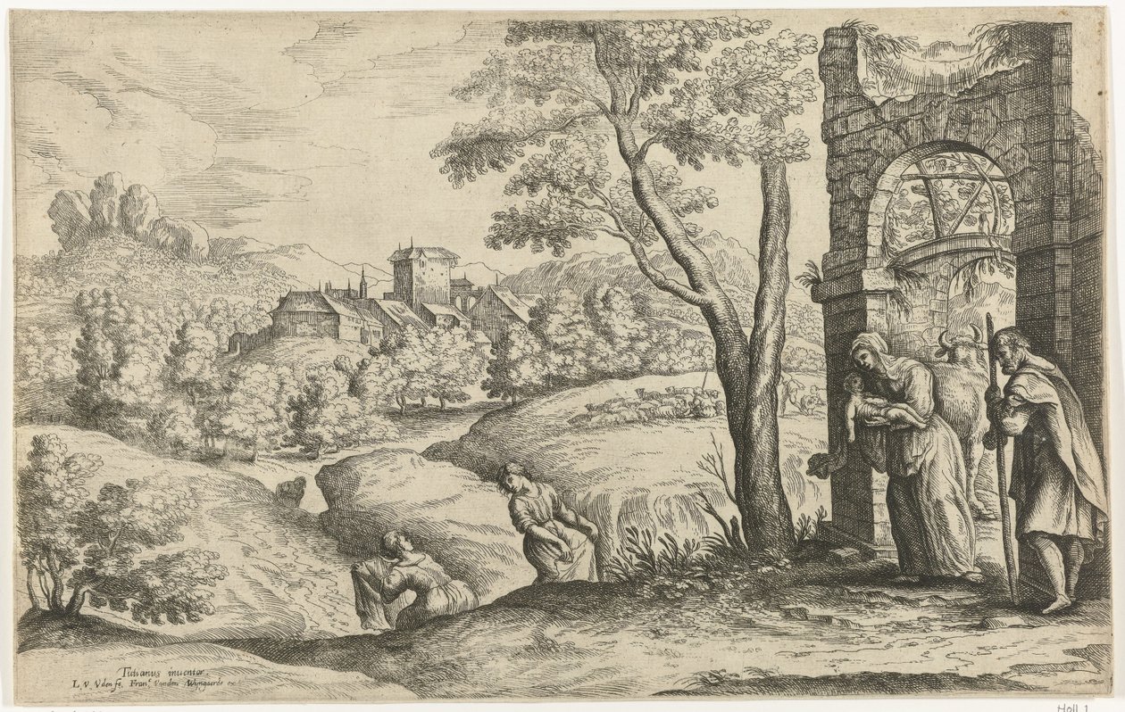 Landskap med den hellige familie og to jordmødre av Lucas van Uden