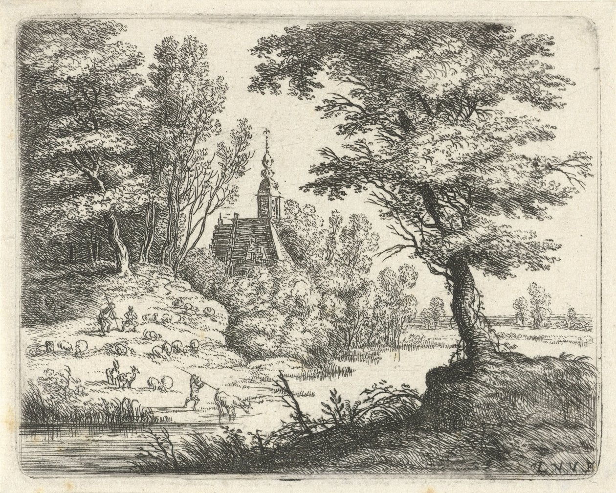 Landskap med hyrder og storfe ved en elv Small Landscapes (serietittel) av Lucas van Uden