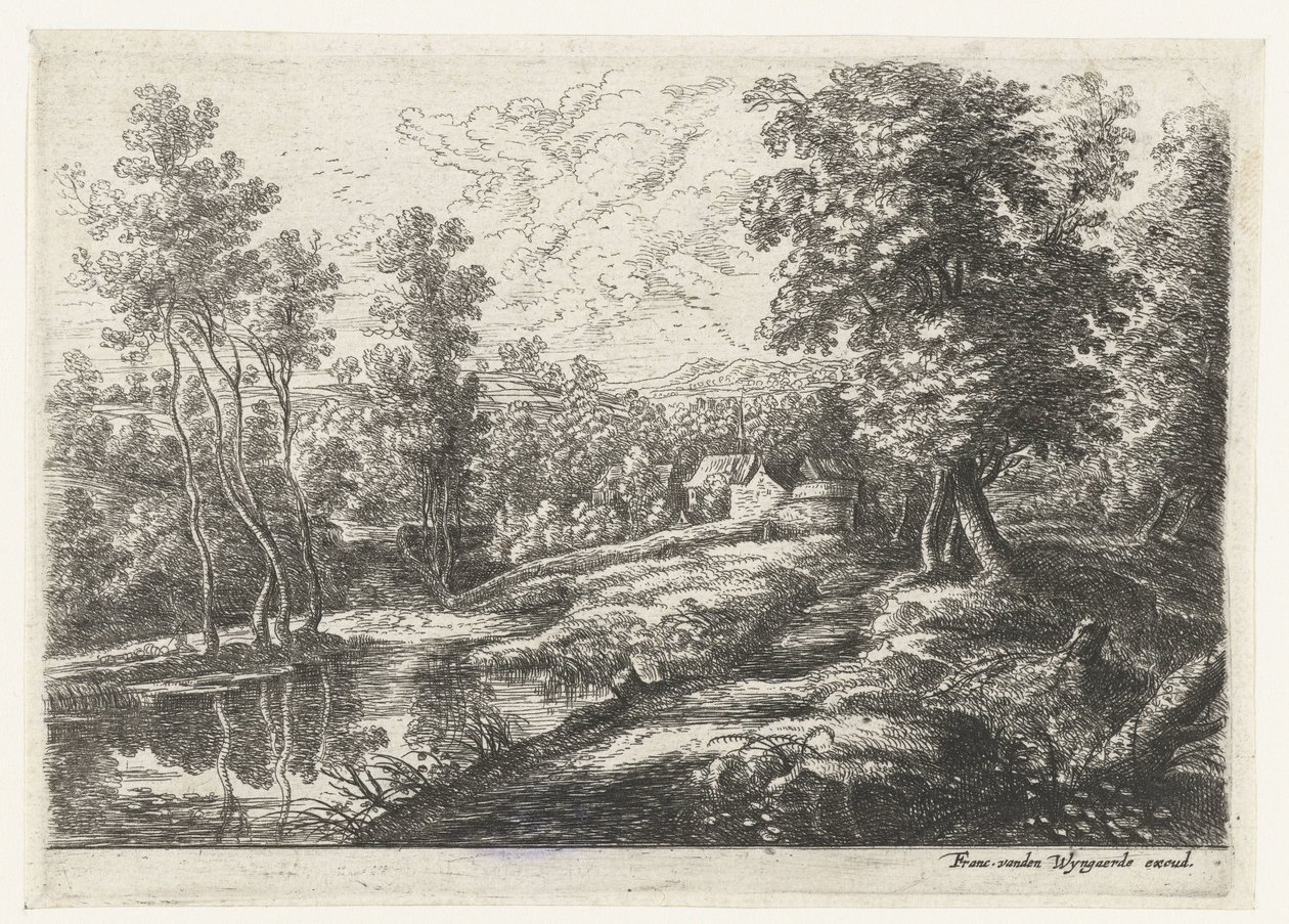 Landskap med hus og en kirke omgitt av en mur Fem landskap (serietittel) av Lucas van Uden