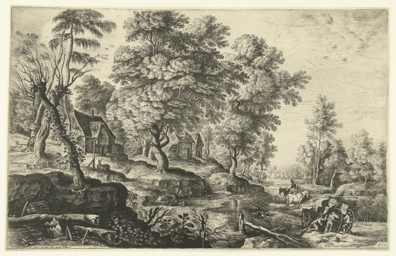 Landskap med menn som skyver en vogn av Lucas van Uden