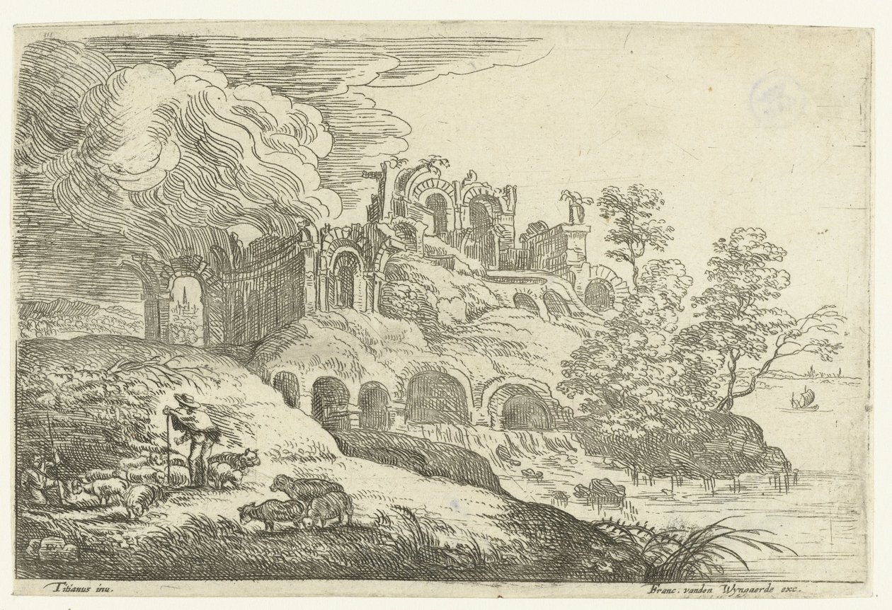 Ruiner ved en innsjø Små landskap etter Titian (serietittel) av Lucas van Uden