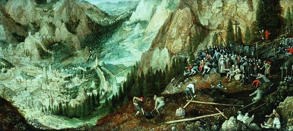 Landskap med Jerusalem, Kristus som bærer korset og forberedelser på Golgata-høyden av Lucas van Valckenborch