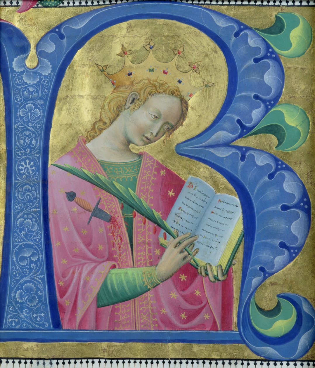 Opplyst initial R som viser St. Catherine of Alexandria, Lombardia School av Luchino Belbello