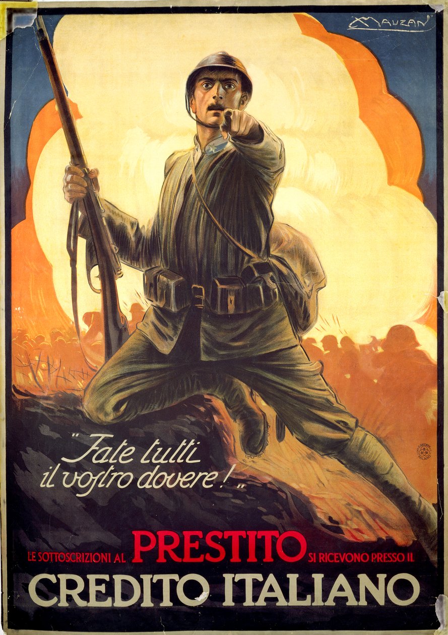Italiensk propagandaplakat som annonserer krigsobligasjoner av Luciano Achille Mauzan