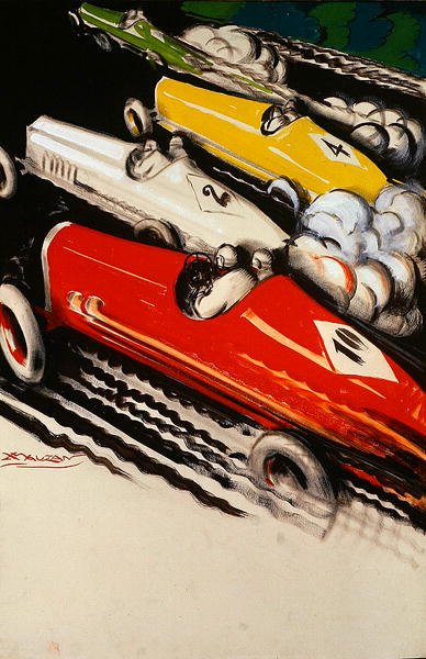 Motorracing (farge litho) av Luciano Achille Mauzan