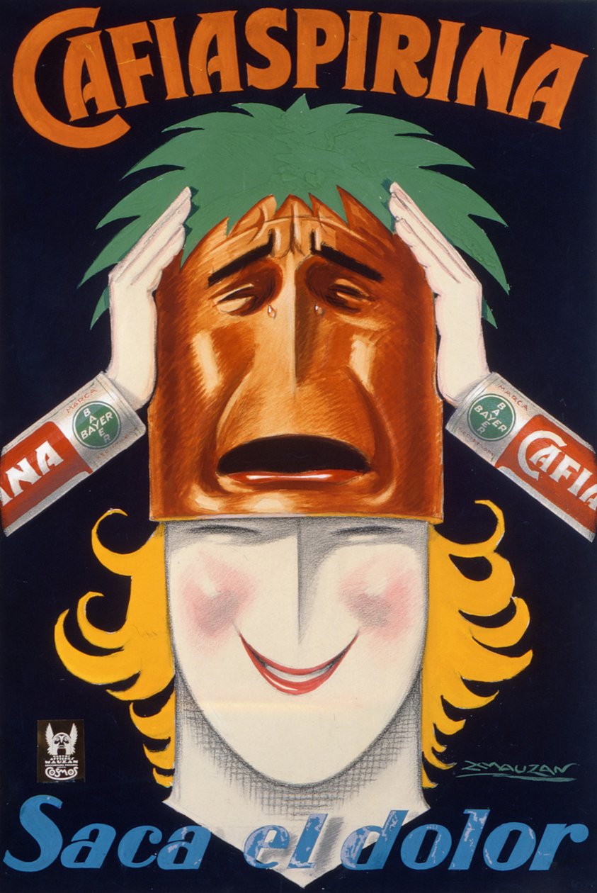 Plakat produsert i Argentina for å annonsere Cafiaspirina aspirin (farge litho) av Luciano Achille Mauzan